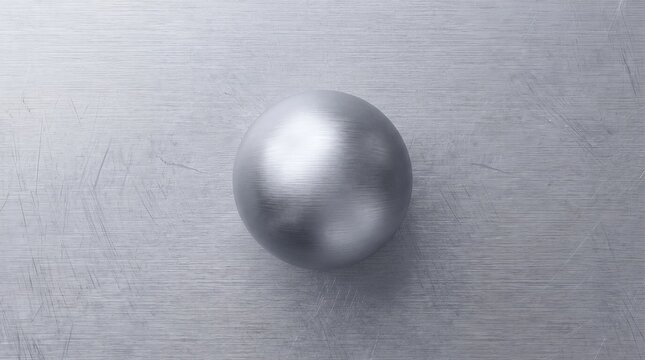 Metallic chrome sphere reflecting light on brushed steel background