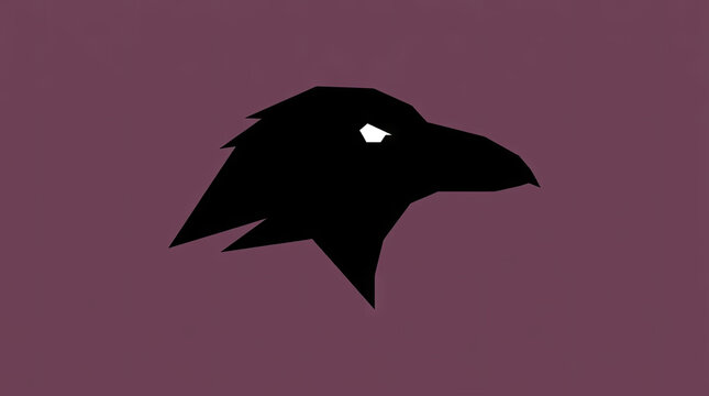 Black raven head silhouette on purple background.
