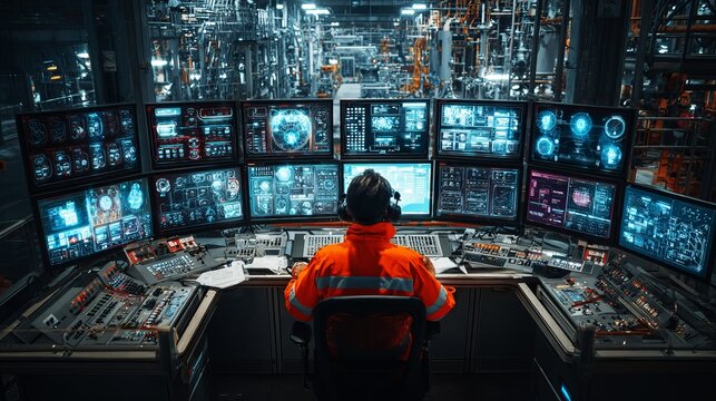 Technician in vibrant orange monitoring numerous screens within a complex industrial control room, background representing advanced automation and technological oversight