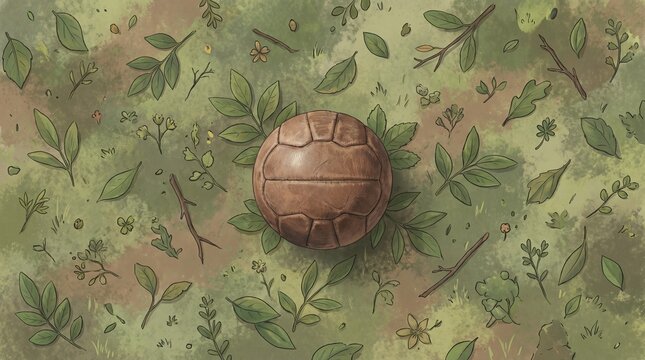 Old vintage leather football resting on green botanical leaf pattern