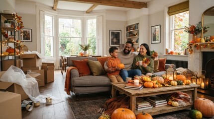 Fototapeta premium Family enjoys cozy autumn evening indoors amidst moving boxes and seasonal decor