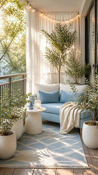 Photorealistic Scandinavian small apartment balcony with ice-blue loveseat and cream cushions, geometric rug, olive tree and eucalyptus in matte white pots, warm afternoon sunlight for lifestyle decor