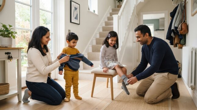Family getting dressed in hallway, parents helping children with clothes