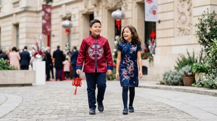 Naklejka premium Joyful children in traditional Chinese attire celebrating a festive occasion outdoors