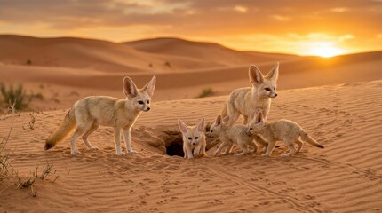 Naklejka premium Desert foxes emerge from their burrow at sunset with large ears