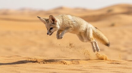 Naklejka premium Small desert fox leaps through sand dunes with ears perked