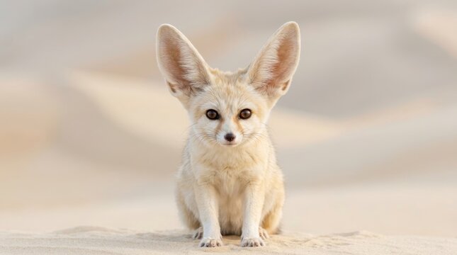 Adorable fennec fox with large ears sits on sand dunes in the desert