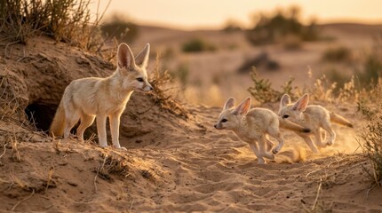 Naklejka premium Fennec foxes playing in the desert sand at sunset