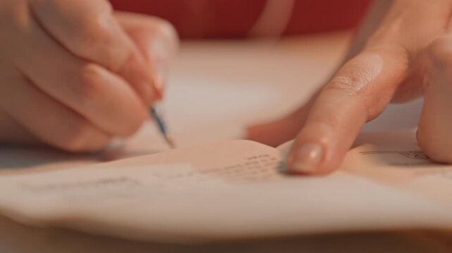 Close up of hands writing on paper with another hand pointing. Sequence shows continuous close up shots focusing solely. Indoor setting likely table or desk indicated