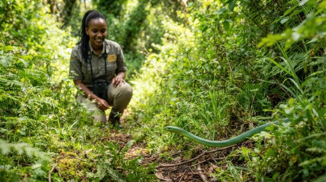 Park ranger observes a vibrant green snake in lush African jungle foliage