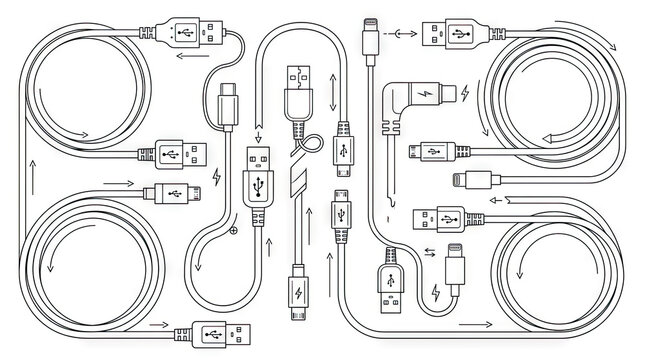 Collection of various USB cables and electronic connector plugs.