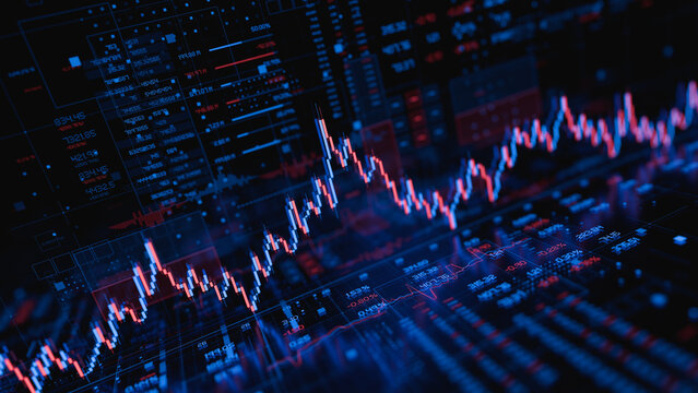 Stock forex financial data document graph chart report statistic marketing research development planning management analysis accounting. Financial business technology hologram concept. 3d rendering.