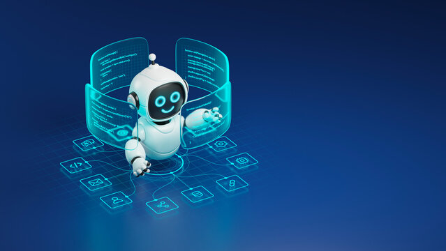 AI agent robot workflow automation orchestrator artificial intelligence data coding icon flow process assistant technology futuristic 3d rendering.