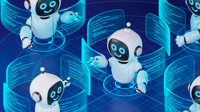 AI agent robot workflow automation orchestrator artificial intelligence data coding icon flow process assistant technology futuristic 3d rendering.