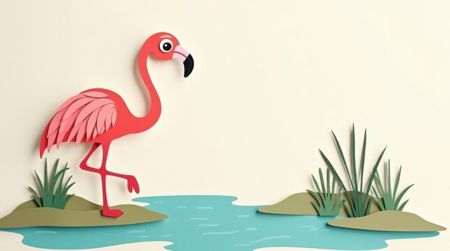 Un lindo flamenco de dibujos animados equilibr&aacute;ndose con gracia sobre una pata junto a un peque&ntilde;o estanque, con plumaje de color rosa brillante