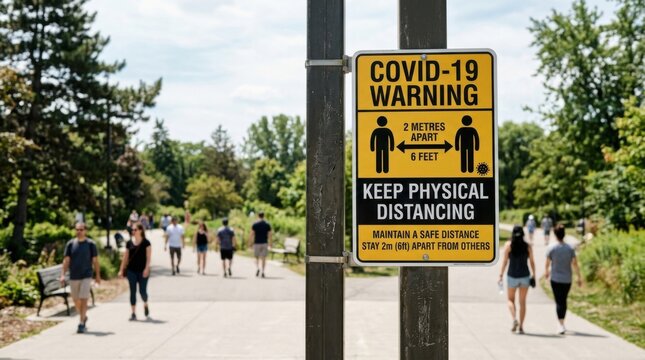 Covid-19 Warning Sign Promotes Social Distancing In A Busy Park During Daytime