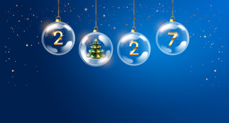 Merry Christmas and Happy New Year 2027 corporate blue background - centered glass baubles with golden 2027 numbers and Christmas tree, flying golden confetti, space for text for holiday greetings © forestgraphic