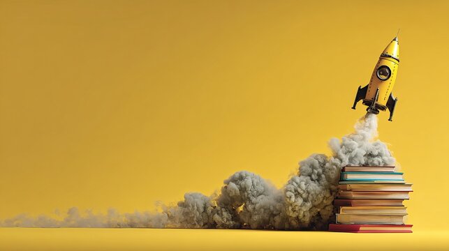 Pencil rocket launching upwards from a stack of books, symbolizing learning, education, and ambitious journeys against a bright yellow backdrop