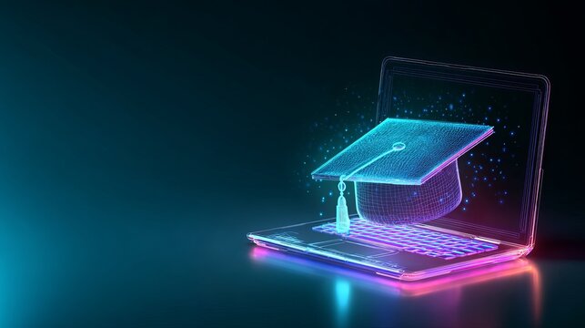 Graduation cap floats within a digital laptop screen, representing online education and technological advancement for academic achievement