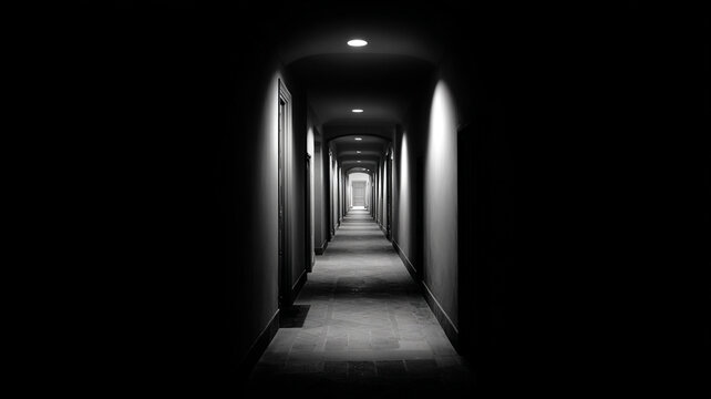 long corridor fading into complete darkness, black and white photography