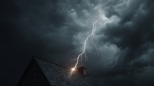 lightning bolt striking a house rooftop at night
