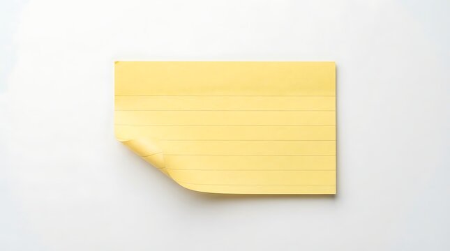 Yellow lined paper note with curled corner isolated on white background