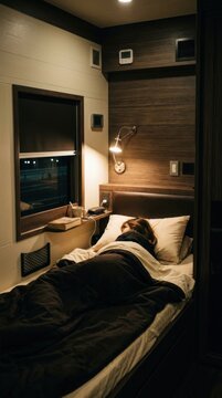 Cozy Cabin Interior With Woman Sleeping On Train Bed At Night