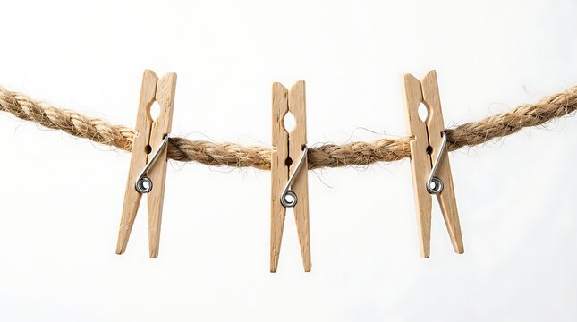 Three wooden clothespins clipped on a rope isolated on white background