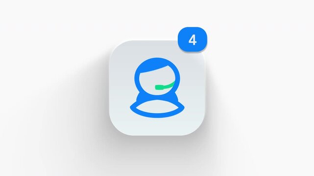 Female call center operator app icon featuring animated notification badge with counter 1 to 99, dynamic shadow effect, minimalist customer service headset woman avatar concept, on white background. 