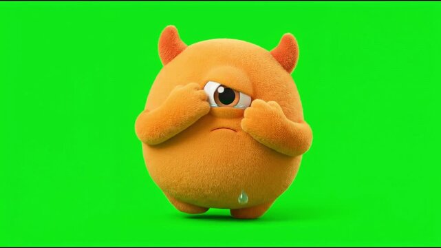 3D Cute Orange Monster Crying on Green Screen Key Background.