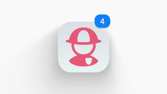Firefighter avatar app icon featuring animated notification badge with counter 1 to 99, dynamic shadow effect, minimalist fireman helmet emergency responder profile concept, on white background. 