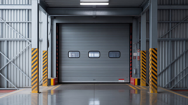 Industrial warehouse loading bay with closed grey roller door and safety markings 