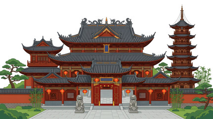 Naklejka premium Traditional Chinese Temple with Pagoda and Courtyard