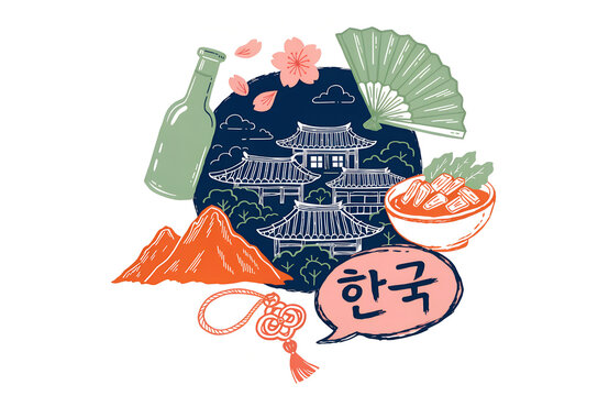 Illustrated Korean Culture heritage with hanok buildings cherry blossoms fan food bowl knot ornament mountains clouds and central Korea text in vibrant design  generated ai