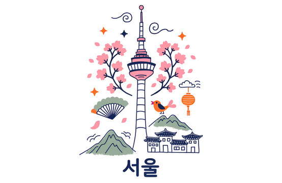 Illustrated Korean Culture Seoul landmark with Namsan Tower cherry blossoms hanok buildings mountains fan lantern bird clouds and central text in vibrant design  generated ai