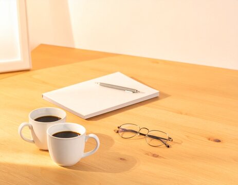 Two cups of coffee, a blank notebook, a pen and reading glasses on a wooden table, meeting still life with copy space