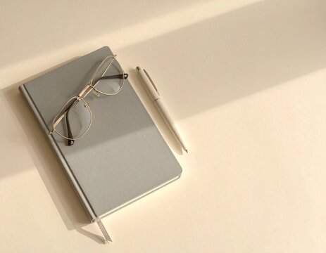 Closed grey notebook with reading glasses and a pen on a cream surface, minimal planning still life with copy space