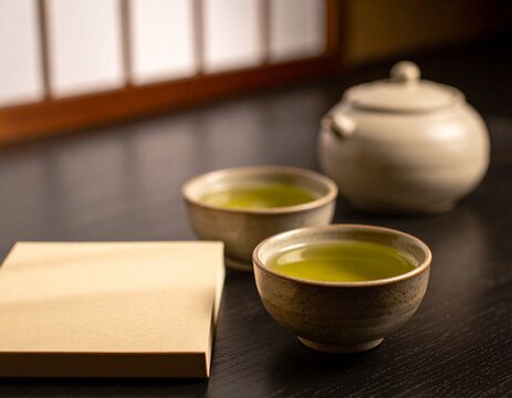 Two cups of Japanese green tea with a teapot and a closed notebook on a dark wooden table, quiet discussion still life