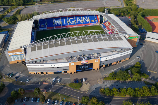 Aerial Image of The Brick Community Stadium Main Entrance and Stands in Wigan