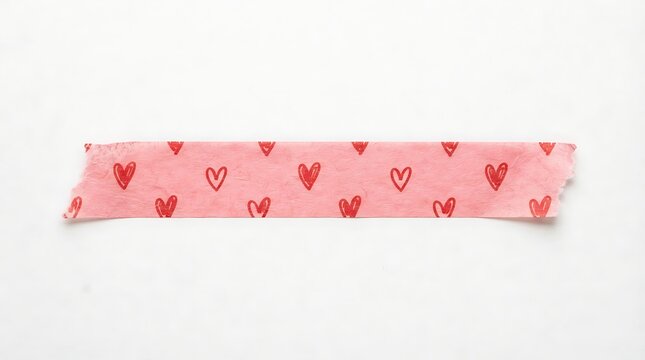 A strip of pink washi tape with a repeating red heart pattern isolated on white background