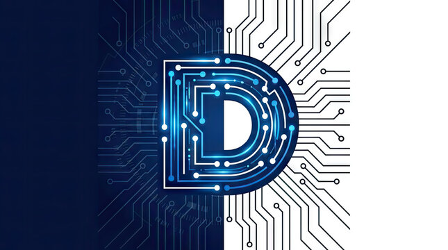 Digital letter D logo with circuit board technology patterns.