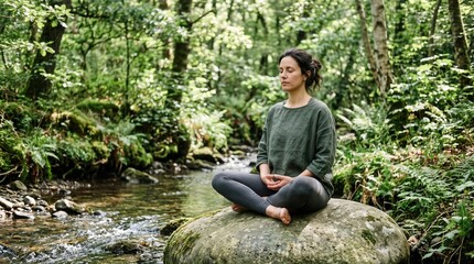Obraz premium Woman Meditating on a Rock in a Serene Forest with Tranquil Stream Flowing Nearby