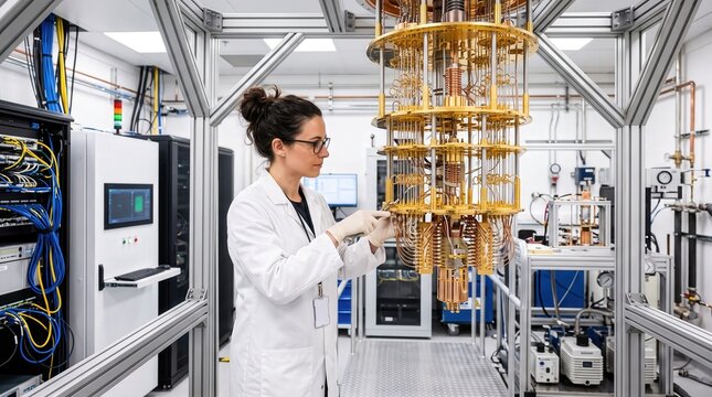 Female Scientist Conducting Research with Advanced Quantum Computing Equipment in Laboratory Setting