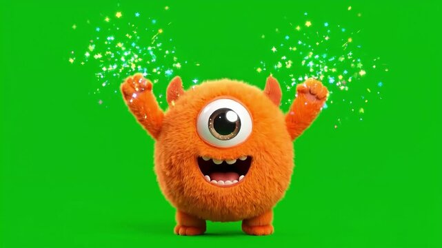 3D Cute Orange One Eyed Monster Jumping and Celebrating on Green Screen.