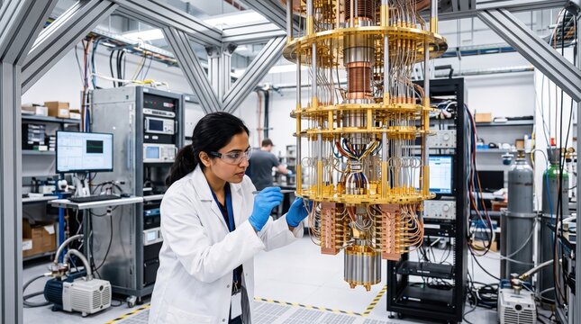 Female Scientist Working on Advanced Quantum Computing Technology in a Modern Laboratory