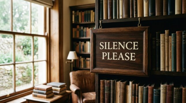 Cozy Library Corner With Silence Please Sign And Window View