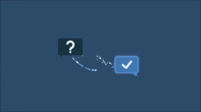 Question mark to checkmark speech bubble particle animation loop on blue background