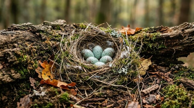 Bird nest with eggs on forest floor