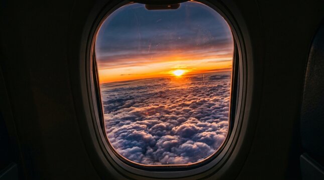 Airplane window frames a mesmerizing high-altitude sunset looking down upon a dense fluffy sea of white and purple clouds glowing brightly.