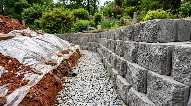 Concrete Retaining Wall Blocks Stacked for Landscape Terracing | Close Up of Segmental Retaining Wall Blocks with Gravel Drainage | Building Stacked Concrete Block Retaining Wall in Garden 